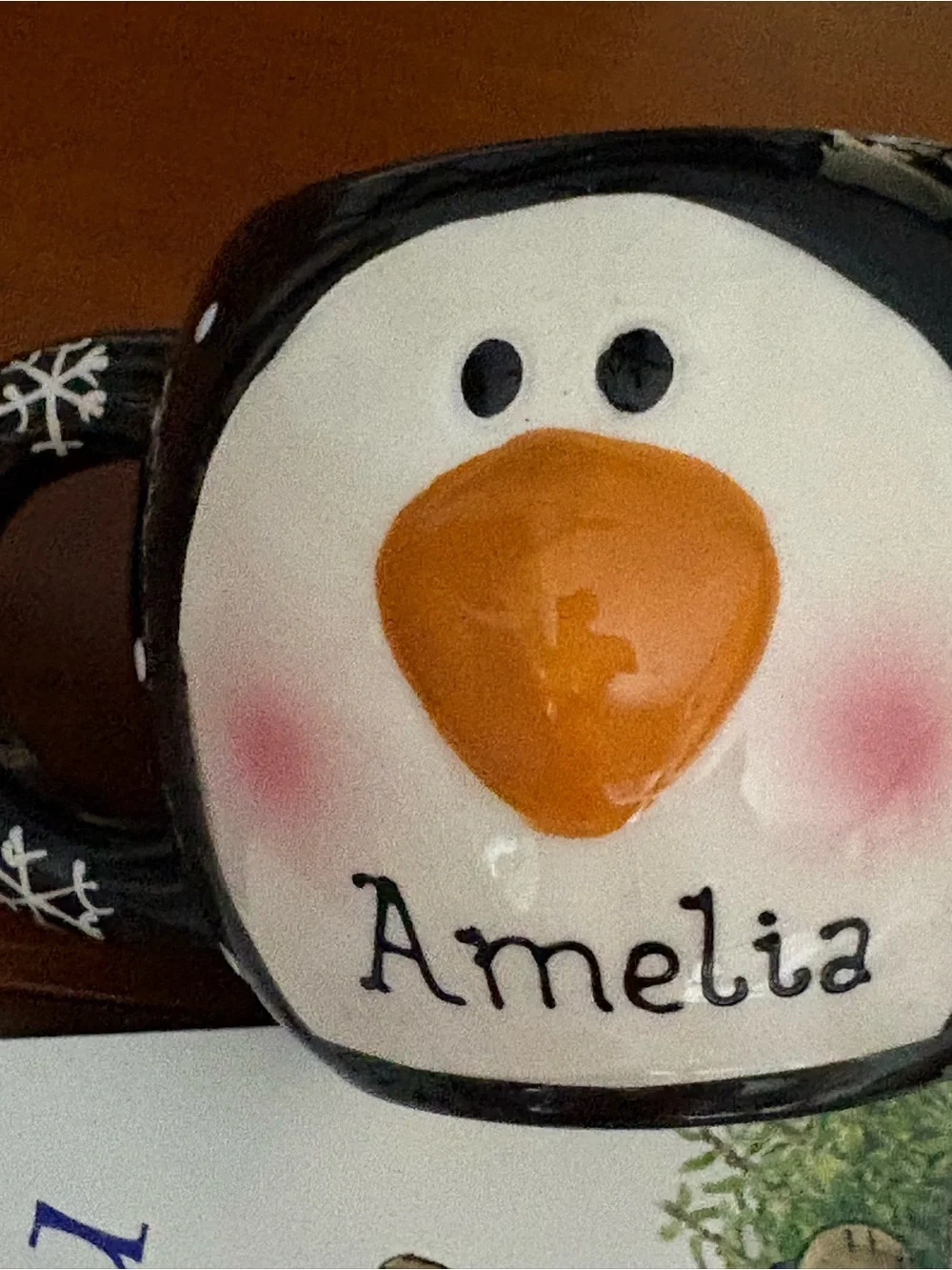Amelia Personalized Penguin Mug - Black and White with snowflake handle